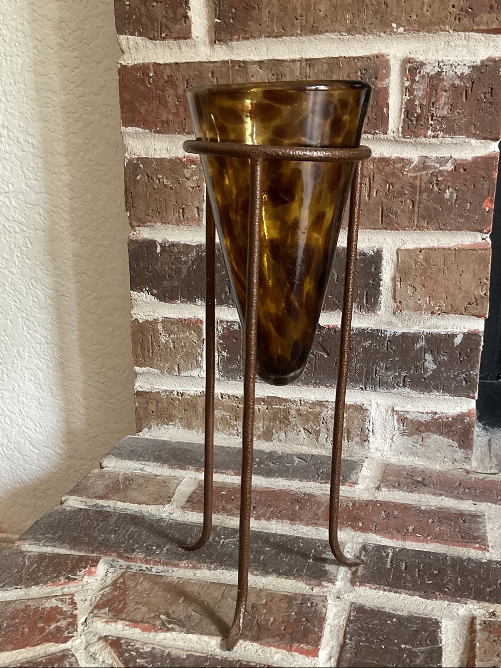 Tortoiseshell Glass Cone Vase with Rustic Metal Tripod Stand